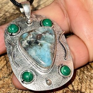Pretty Caribbean Larimar & Malachite Pendant 2”